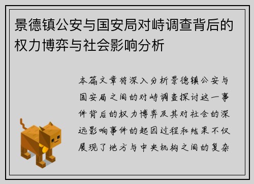 景德镇公安与国安局对峙调查背后的权力博弈与社会影响分析