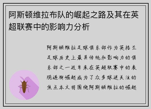 阿斯顿维拉布队的崛起之路及其在英超联赛中的影响力分析